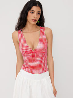 Cider - V-neck Gingham Bowknot Tank Top