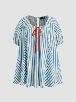 Cider - Round Neckline Stripe Bowknot Cut Out Mini Dress Curve & Plus