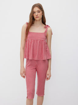 Cider - Gingham Ruffle Hem Knotted Cami Top With Low Rise Split Legging Capri
