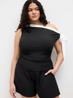 Cider - Asymmetrical Neck Contrasting Binding Ruched Knotted Top Curve & Plus