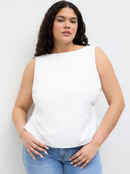 Cider - Linen-blend Boat Neckline Bowknot Tank Top Curve & Plus