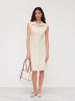 Cider - Linen-blend Polo Neck Button Through Knotted Dress
