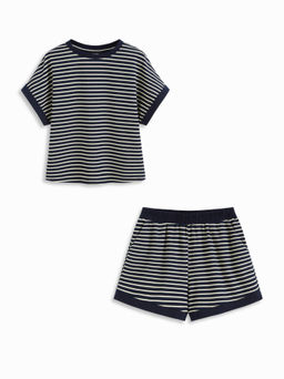 Cider - Cotton-blend Stripe Contrasting Binding Tee & Elastic Waist Shorts