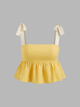 Cider - Linen-blend Bowknot Shirred Ruffle Hem Crop Tank Top