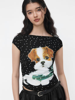 Cider - Boat Neck Polka Dot Dog Graphic Ruched Tee