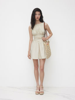 Cider - Linen-blend Boat Neck Ruched Ruffle Mini Dress