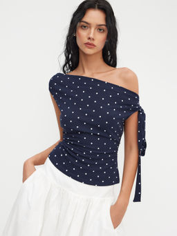Cider - Cotton-blend Asymmetrical Neck Polka Dot Ruched Knotted Top