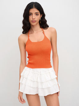Cider - Knit Halter Neckline O-ring Knotted Cami Top