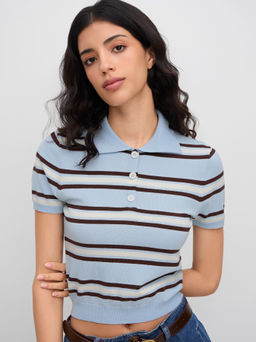 Cider - Knit Polo Collar Stripe Short Sleeve Top