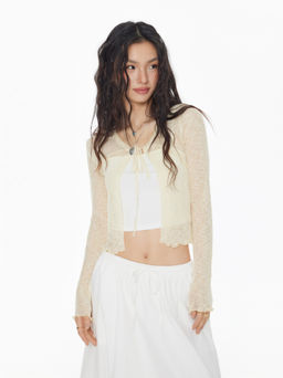 Cider - knit Lettuce Trim Tie Front Cardigan