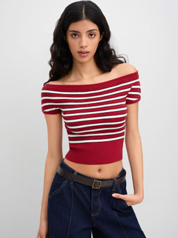 Cider - Two Way Knit Off-shoulder Stripe Short Sleeve Top