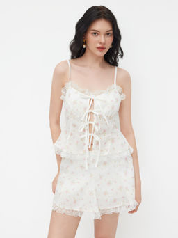 Cider - Sweetheart Floral Embroidery Tie Front Lace Trim Cami Top & Ruffle Shorts