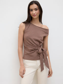 Cider - 100% Cotton Asymmetrical Neck Bowknot Stripes Tank Top