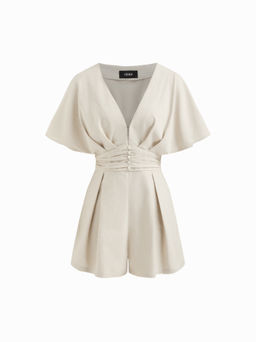 Cider - Linen-blend V-neck Ruched Pleated Romper
