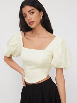Cider - Square Neck Texture Puff Sleeve Curve Hem Blouse