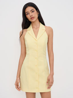 Cider - Linen-blend Collar Halter Neckline Button Through Mini Dress