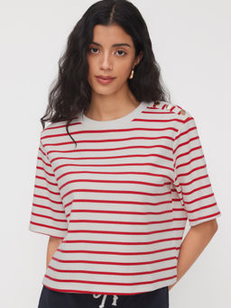 Cider - Cotton-blend Round Neckline Oversized Stripe Tee