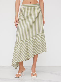 Cider - Mid Rise Stripe Asymmetrical Ruffle Hem Skirt