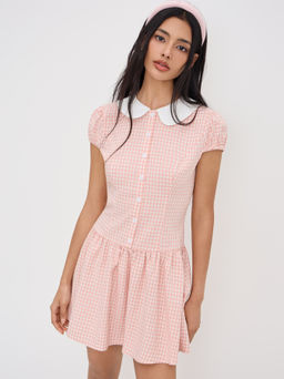 Cider - Peter Pan Collar Gingham Button Ruffle Mini Dress