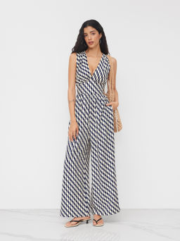 Cider - V-neck Abstract Knotted Back Wide Leg Jumpsuit