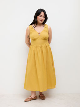 Cider - Linen-blend V-neck Beaded Cut Out Ruffle Dress Curve & Plus