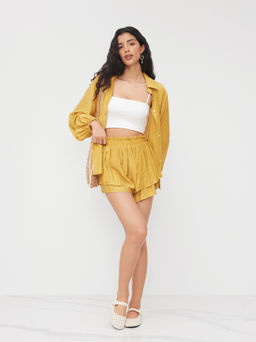 Cider - 3 Pieces Polo Neck Lantern Sleeve Shirt & Cami Crop Top & Lettuce Trim Layered Shorts