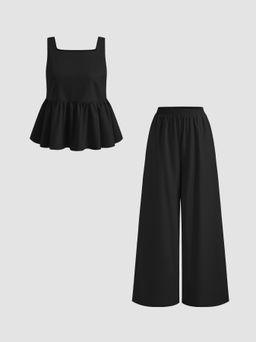 Cider - Linen-blend Square Neck Oversized Ruffle Hem Tank Top & Wide Leg Trousers