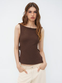 Cider - Boat Neck Texture Knotted Split Tank Top