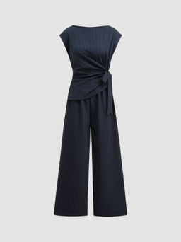 Cider - Boat Neck Stripe Ruched Knotted Straight Leg Jumpsuit