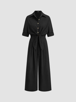 Cider - Linen-blend Collar Knotted Roll Hem Oversized Jumpsuit