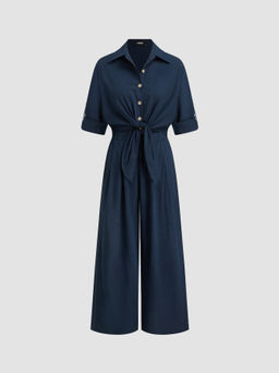 Cider - Linen-blend Collar Knotted Roll Hem Oversized Jumpsuit