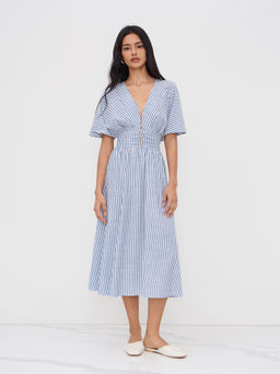 Cider - Cotton-blend V-neck Striped Ruched Button Dress