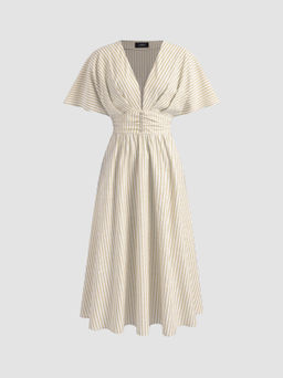 Cider - Cotton-blend V-neck Striped Ruched Button Dress
