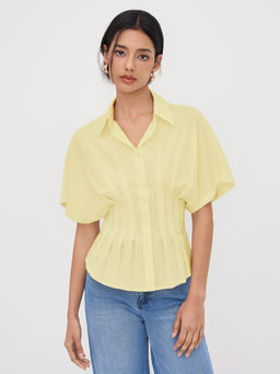 Cider - Linen-blend Collar V-neck Pleated Short Sleeve Shirt