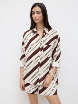 Cider - Linen-blend Stripe Oversized Long Sleeve Shirt