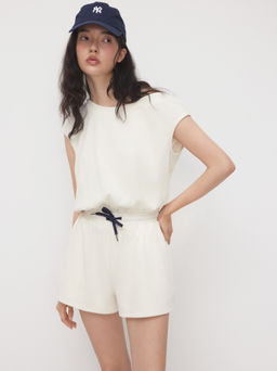 Cider - Asymmetrical Neck Drawstring Micro Romper With Pocket