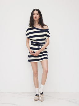 Cider - Cotton-blend Asymmetrical Neck Drawstring Stripe Mini Dress