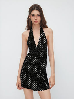 Cider - Halter Neck Bowknot Polka Dot Knotted Romper