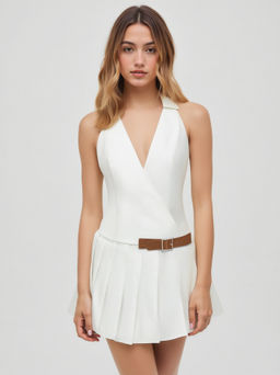 Cider - 100% Cotton V-neck Pleated Belted Mini Dress