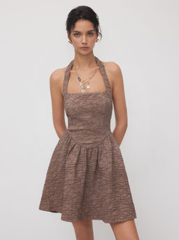 Cider - Halter Neckline Texture Ruffle Mini Dress