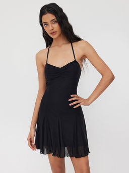Cider - Halter Neckline Mesh Ruffle Mini Dress