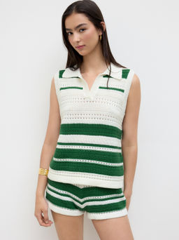 Cider - Knit Polo Neck Stripe Top & Mid Rise Legging Shorts
