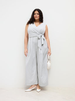 Cider - Cotton-blend V Neck Stripe Knotted Wide Leg Jumpsuit Curve & Plus