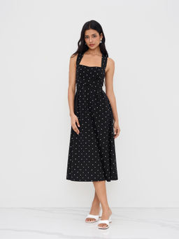 Cider - Square Neck Polka Dot Ruffle Criss Cross Dress