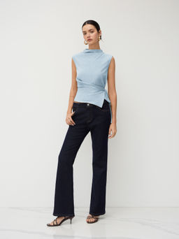 Cider - Stand Collar Texture Ruched Knotted Tank Top