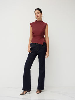 Cider - Stand Collar Texture Ruched Knotted Tank Top