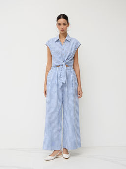 Cider - Cotton-blend Striped Collar Sleeveless Knotted Wide Leg Jumpsuit