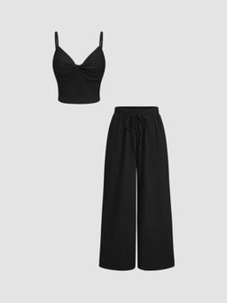 Cider - V-neck Twist Cami Top & Mid Rise Drawstring Straight Leg Trousers