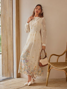 Cider - Chiffon Boat Neck Floral Embroidery Ruffle Dress