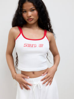 Cider - Surfs Up Cotton-blend Graphic Contrasting Binding Cami Crop Top